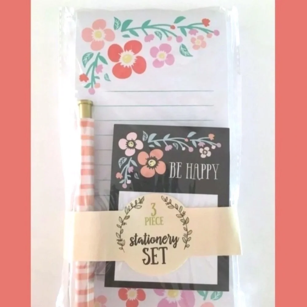 Stationery Set Pen List Pad Notes Be Happy Floral Garden Party Spring Desk Decor